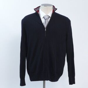 Brooks Brothers XL Merino Wool Full Zip Sweater Navy Italian Yarn Striped Collar